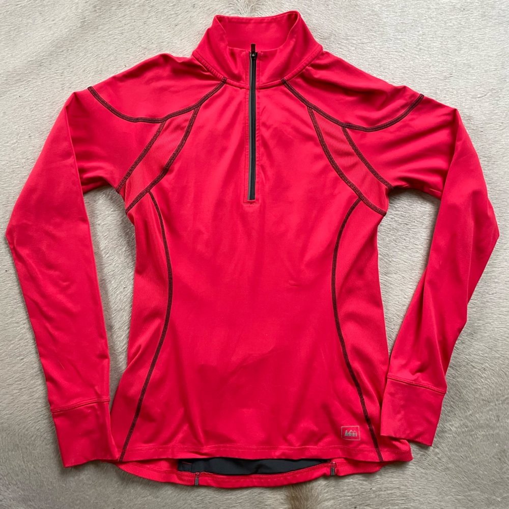REI bright coral exercise top, long sleeve.